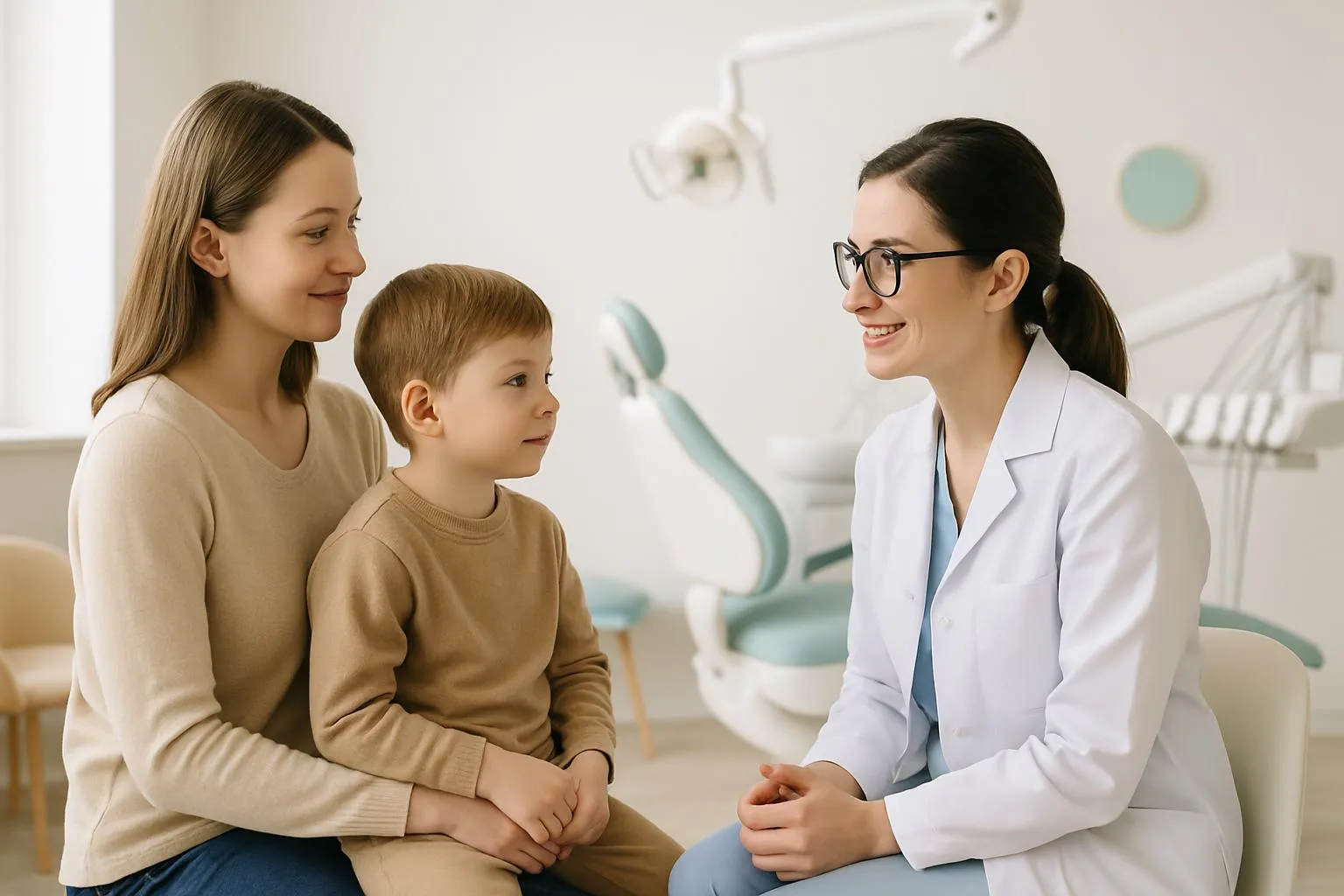 Dentista conversando com uma criança durante uma consulta odontológica infantil.